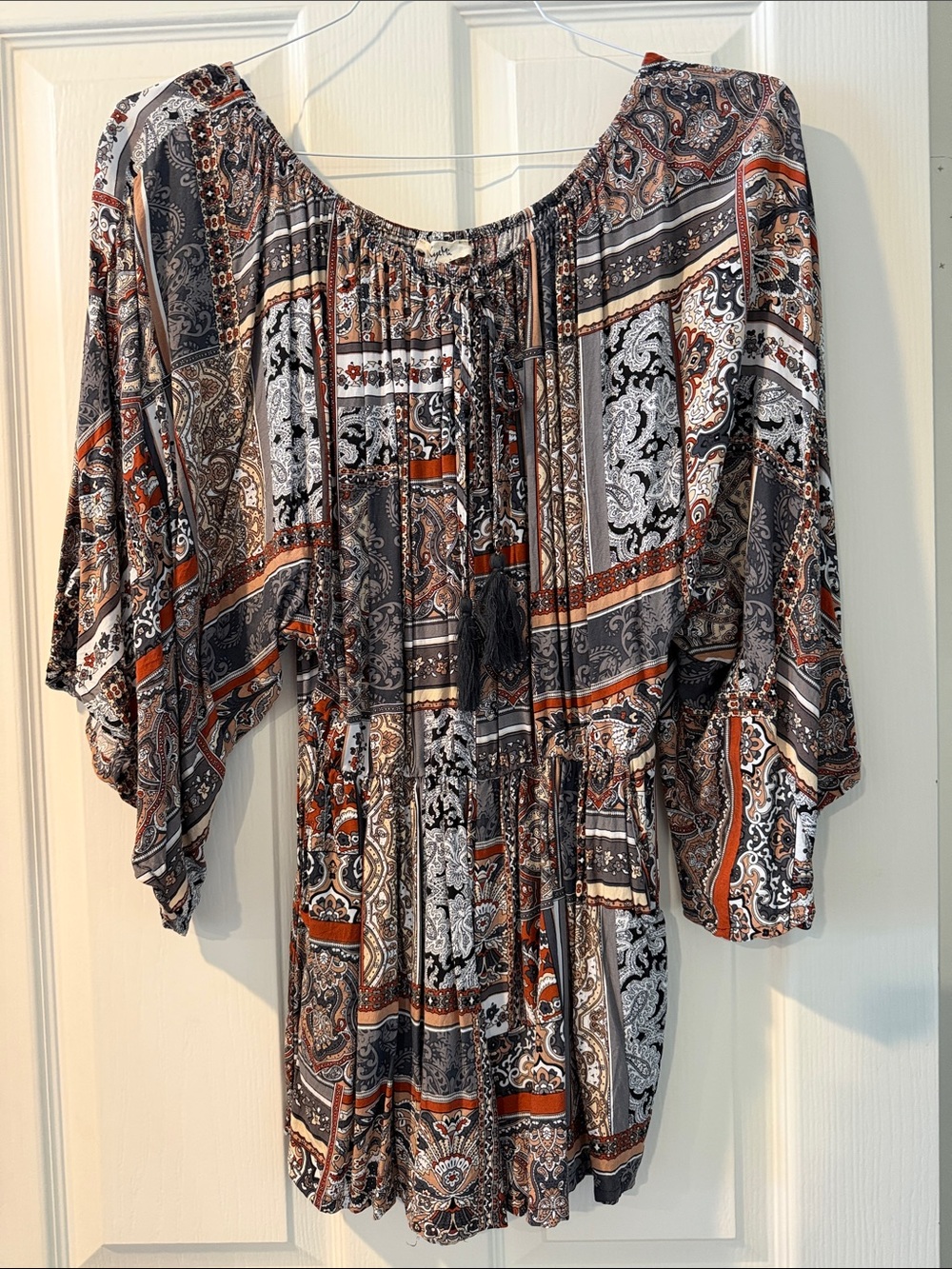 Paisley Peasant Tunic romper in Rust, Black & Cream